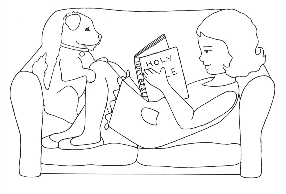 Girl reading Bible on Couch w Dog